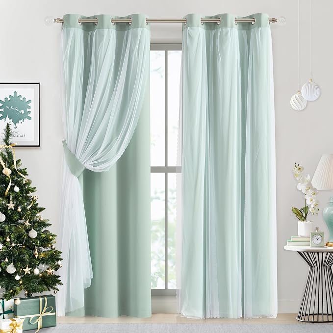 Bujasso Aqua 80% Blackout Curtains with Sheer Overlay Mix and Match Double Layer Thermal Insulated Window Panels 95 inch for Living Room Bedroom Mint Green Drapes with Tiebacks Grommet Top 37"Wx95"Lx2