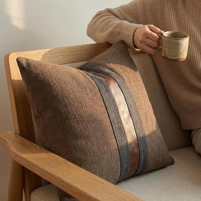 Set of 2 Leather Throw Pillow Covers Cotton Linen Decor Patchwork Pillow Cover Faux Leather Pillows Cover for Couch Sofa Living Room Bedroom,Dark Coffee 22"x22"