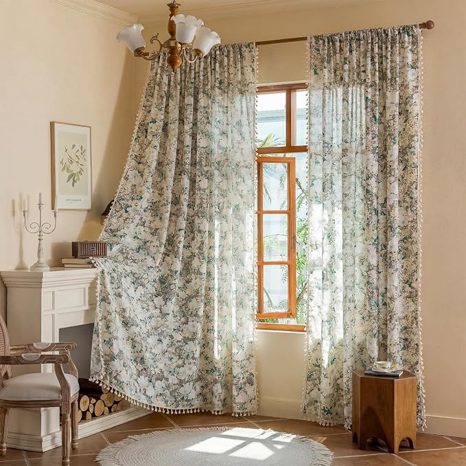 OYX Boho Floral Curtains 84 Inch, Linen Farmhouse Flower Drapes with Lace & Tassels, Light Filtering Semi Sheer Curtains for Living Room Bedroom, 2 Panels