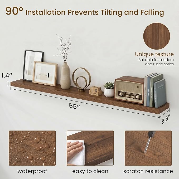 Dreamland Floating Shelves for Wall, Rustic Walnut Floating Shelves for Bathroom|Bedroom|Kitchen, Deep Wall Mounted Book Shelf, Wood Storage Display Shelf for Home Decor, Set of 2