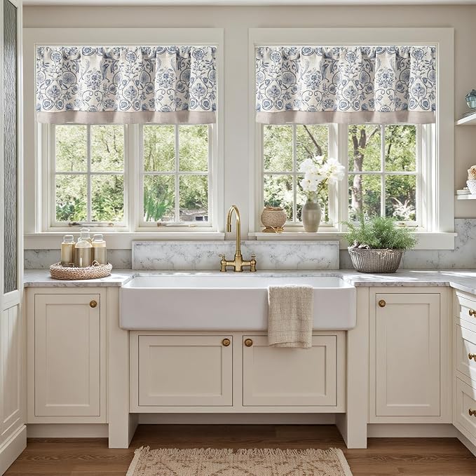 jinchan Linen Valance Kitchen Curtain Pack of 2 Double Layer 16 Inch for Living Room Bedroom Window Treatment Light Filtering Vintage Farmhouse Cottagecore Rod Pocket 2 Panels Blue on Beige