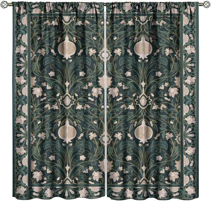 William Morris Floral Blackout Curtains, Vintage Plant Art Flower Green Leaves Boho Window Drapes, for Living Room Bedroom 72" W X 63" L