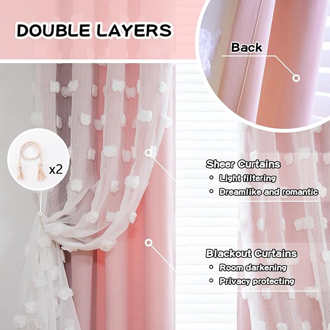 MYSKY HOME Pink Curtains for Living Room 95 Inches Long White Sheer Pom Pom Kids Room Decor Curtain Double Layer Drapes for Sliding Door Back Tab Window Panels, 52" x 95", Blush Pink, Set of 2