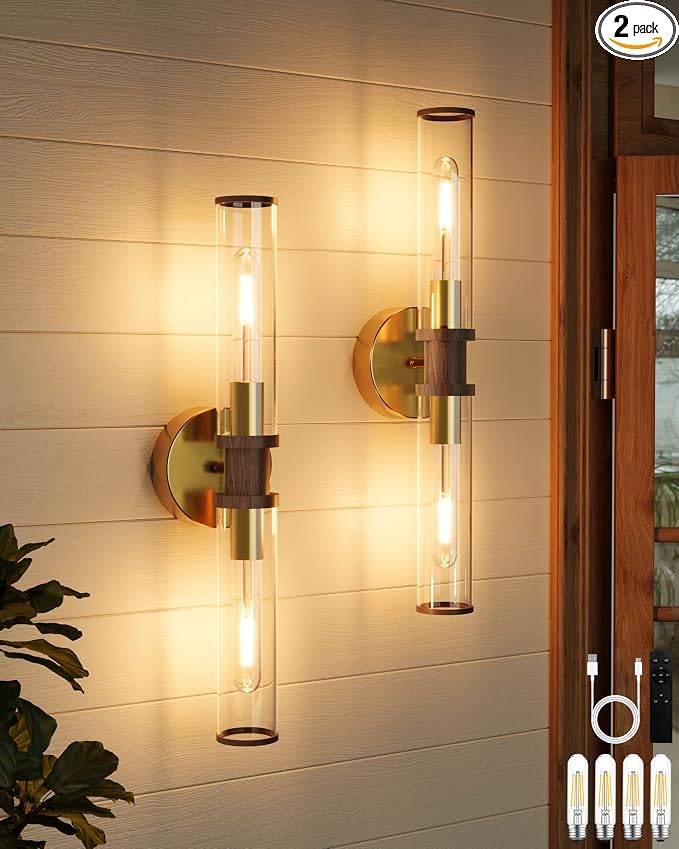 Rayogale Gold & Walnut Wireless Battery Operated Wall Sconces with Remote | Glass Rechargeable Wall Lights Set of 2 with Timer Function Dimmable for Living Room Bedroom Emergency 3000K, 20.5 Inch