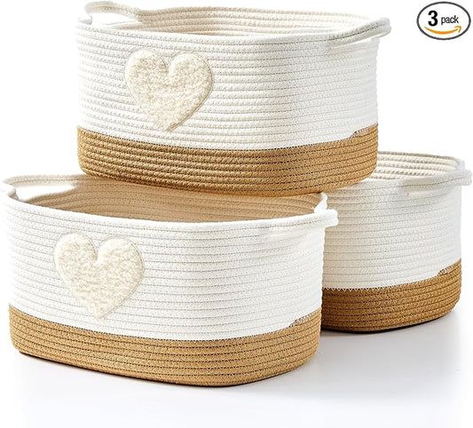 Woven Baskets, 3-Pack Storage Basket for Living Room, Bedroom, Nursery, Stylish Gift Basket with Handles, Cotton Rope Basket for Toys and Shelves, Multi-Purpose Organizer, Heart