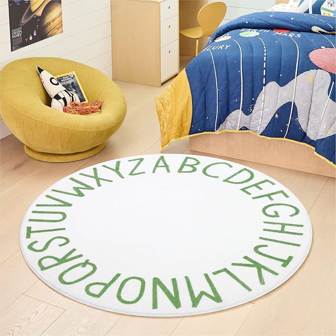 Topotdor Round ABC Area Rug,47 Inch Soft Floor Carpet,Green/White | Washable Alphabet Circle Rug,Non Slip Floor Mat Ideal for Bedrooms,Kids Rooms,Classrooms