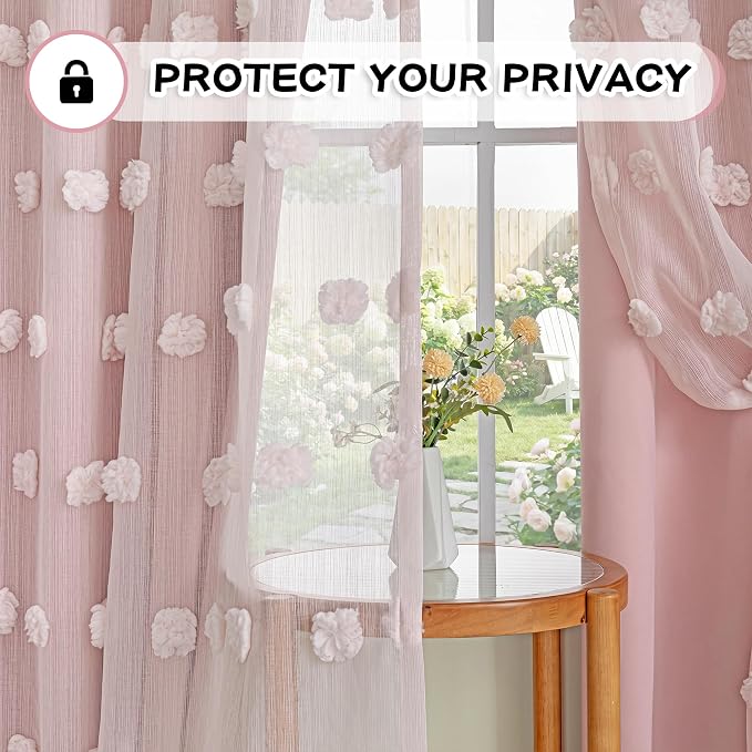 MYSKY HOME Pink Curtains for Girls Bedroom 54 Inches Long Kids Curtain with Pink Pom Pom Sheer Short Curtains for Windows 2 Layered Drapes Grommet Room Darkening Nursey Curtain, 2 Panels, W52 X L54