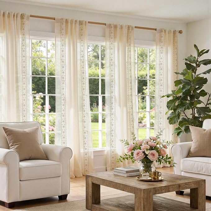 jinchan Weslie Beige Floral Sheer Curtains for Living Room 84 Inch Long Embroidered Voile Farmhouse Linen Curtains for Bedroom Ivory Flower Patterned Cottage Core Window Drapes 2 Panels Ivory on Beige