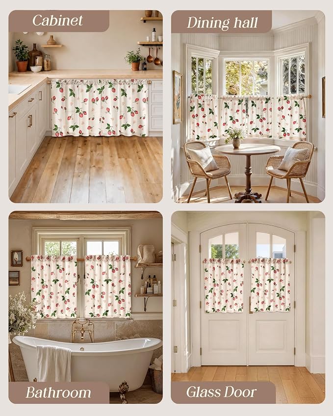 Miss Adola Farmhouse Kitchen Tier Curtains - 30 Inch Length Linen Blend Country Cafe Curtains Strawberry Small Window Treatments Over Sink Rod Pocket for Bathroom Living Room Light Filtering, 2 Panels