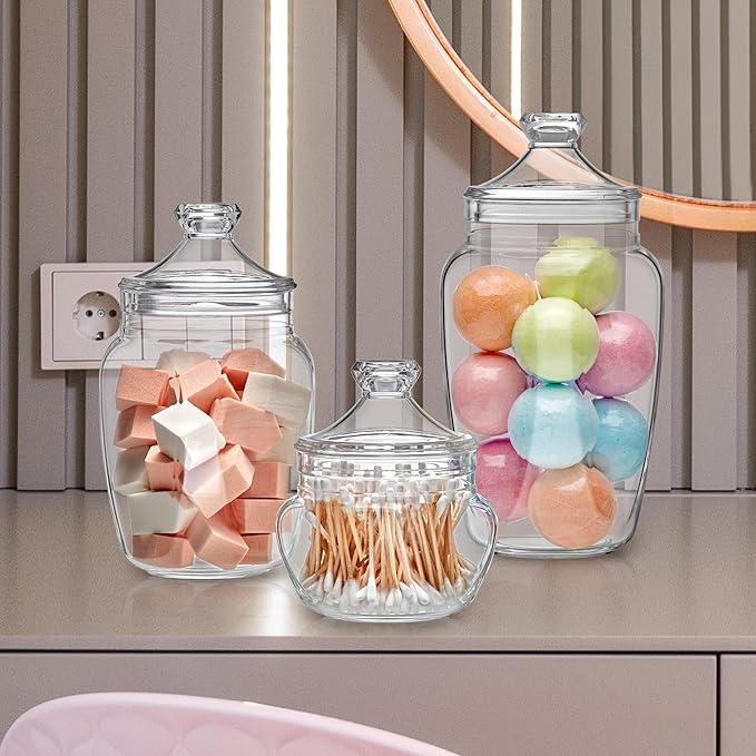Amazing Abby - Embrace - Plastic Bathroom Canisters (3-Piece Set, 60/42/24 oz) (NOT Glass), Acrylic Apothecary Jars for Vanity, BPA-Free and Shatter-Proof, Great for Cotton Balls and Bath Sponges