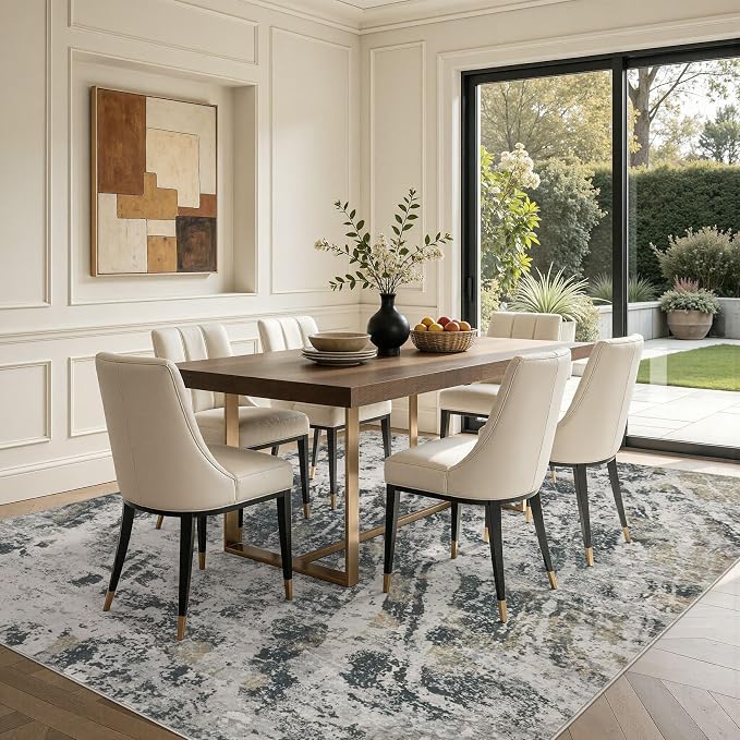 DMOYEST Area Rug Living Room Rugs - 10x14 Large Soft Indoor Neutral Modern Abstract Low Pile Washable Rug Carpet for Bedroom Dining Room Farmhouse Home Office-Black Gold/Grey