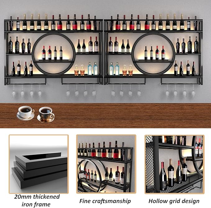 Metal Wine Rack Wall Mounted with LED Light, 3-Tier Bar Liquor Shelf with Wine Glass Holder, Modern Large Capacity Liquor Bottle Display Storage Shelf for Home Bar, Dining Room(Black, 120*80*15)