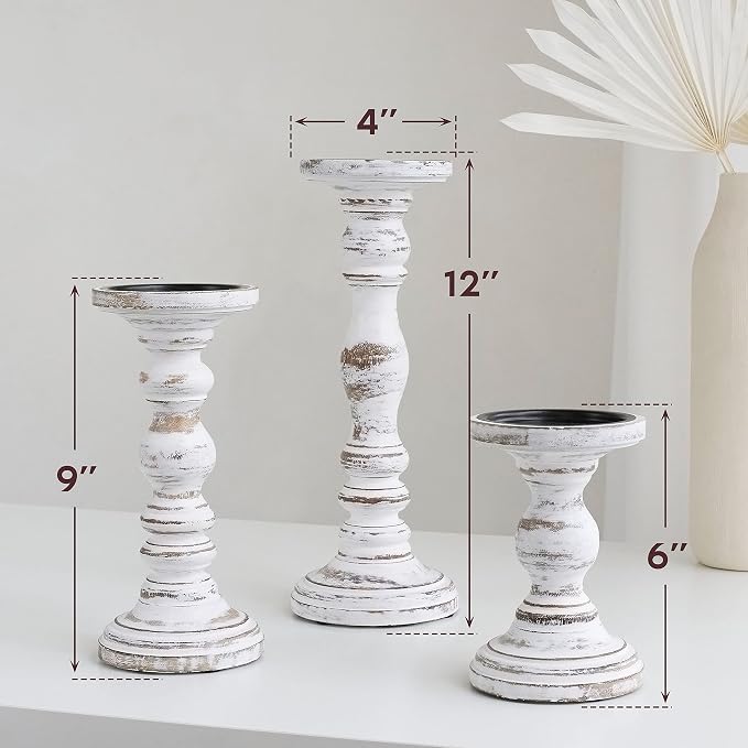 Large Candle Holders for Pillar Candles - Rustic Farmhouse Style Home Decor - Perfect for Table Centerpieces, Coffee Table or Fireplace Mantel - 3 Piece Set - White