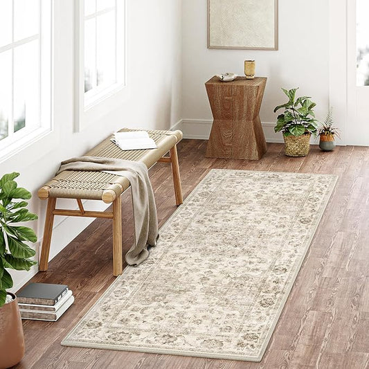 2x5 Washable Neutral Runner Rug Beige Vintage Hallway Kitchen Carpet Non-Slip Soft Low Pile Farmhouse Throw Rug for Bedroom Bathroom Laundry Living Room