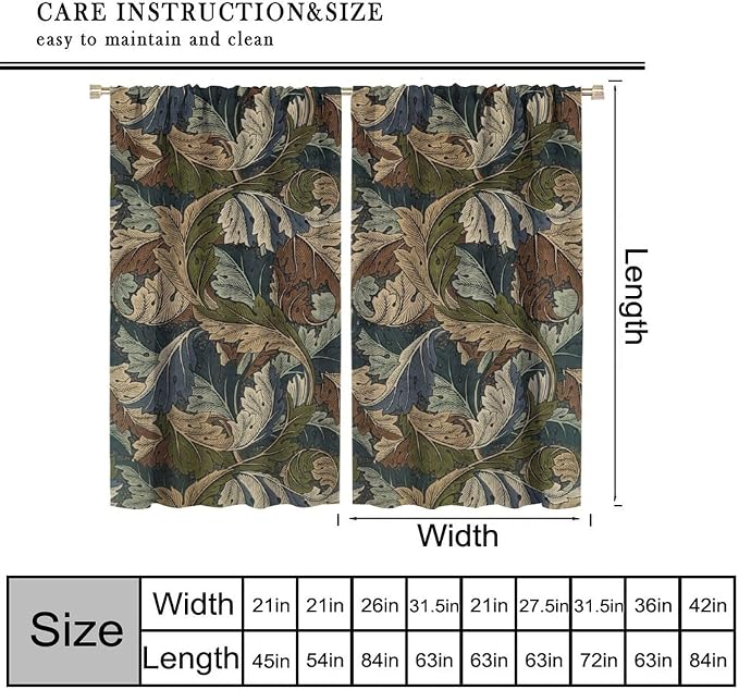 Boho William Morris Art Plant Curtains, Rustic Retro Nature Botanical Print Blackout Window Treatments Drapes, for Living Room Bedroom Kitchen 36(W)*63(L) 2 Panels