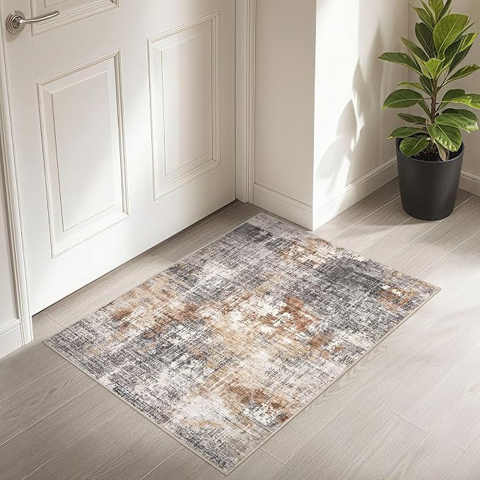 DMOYEST 2x3 Entryway Area Rug: Washable Neutral Modern Abstract Small Rug - Non-Slip Low Pile Throw Indoor Carpet for Entrance Kitchen Front Door Mat Bathroom Entry Kids Room - Grey Brown