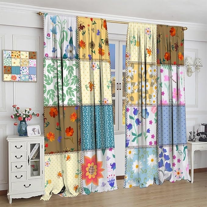Boho Patchwork Floral Blackout Curtains Boho Vintage Flower Bohemian Colorful Spring Retro Print Window Drapes for Bedroom Living Room Kitchen Cafe （W27.5xL63 Inch） x2 Panels