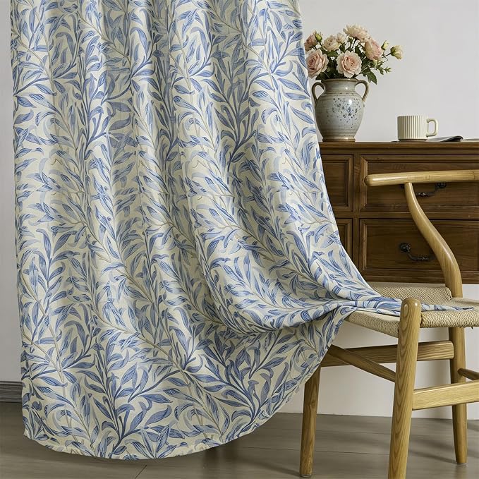 RoomTalks Turquoise Blue Floral Window Curtains 84 Inches Length 2 Panels Faux Linen Privacy, Boho Farmhouse Country Vintage Cute Botanical Curtain Panels for Bedroom Dining Living Room Nursery
