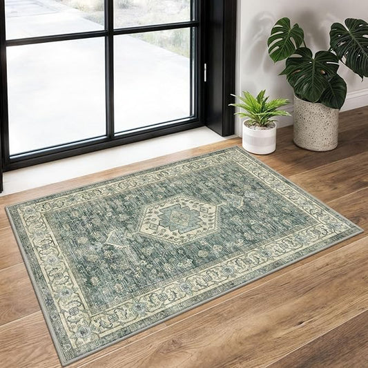 KUTA Vintage Entryway Rugs Indoor Washable Rug 2x3 Non-Slip Soft Printed Floral Turquoise Doormat Small Accent Farmhouse Kitchen Throw Carpet for Entrance and Bedroom