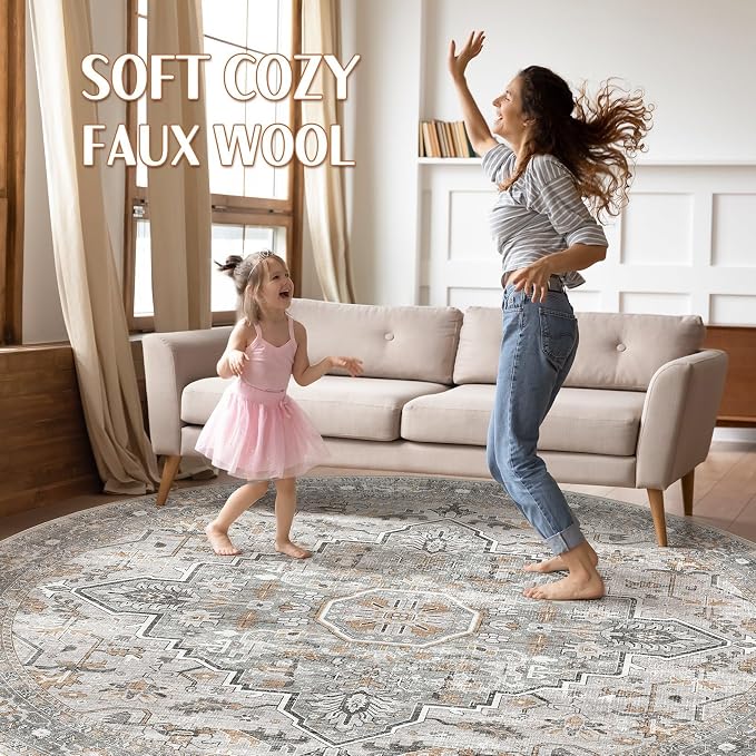 Round Rug Living Room Rugs: 10x10 Washable Boho Neutral Large Circle Soft Indoor Floral Stain Resistant Floor Farmhouse Carpet for Bedroom Nursery Kids Playroom Office Dining Room- Taupe