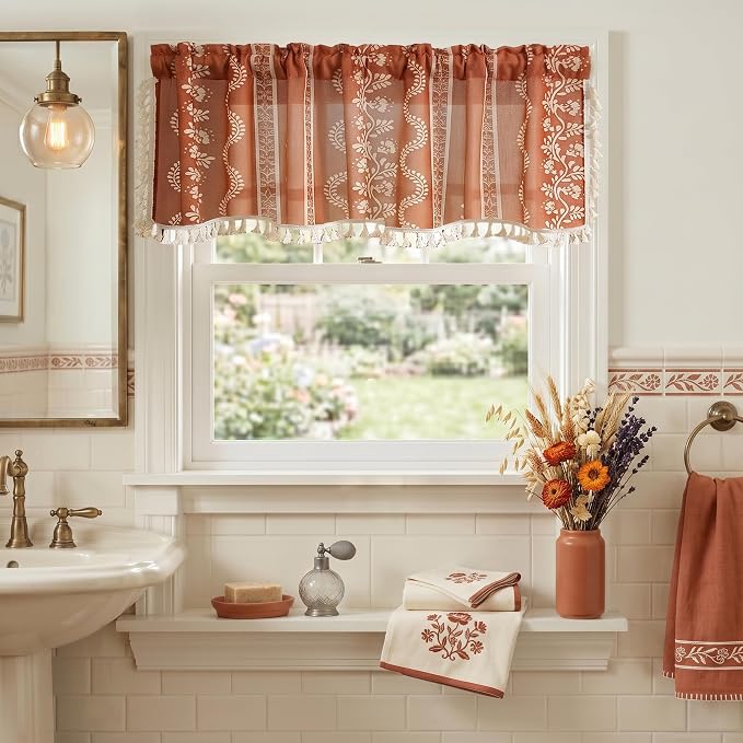 Boho Valances for Windows, Rustic Farmhouse Vintage Floral Sheer Valance Curtains for Small Window Kitchen Bathroom Living Room, 16" Long Rust Red