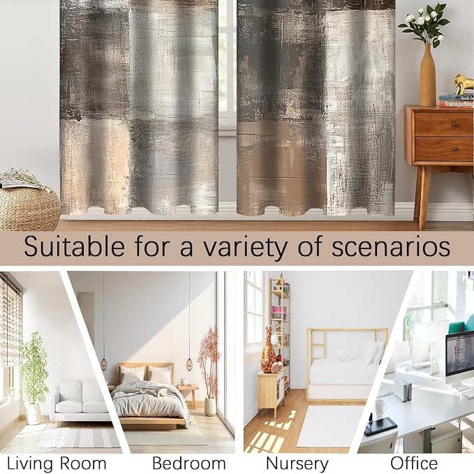 Brown Grey Blackout Curtain, Rustic Gray Abstract Window Drapes for Living Room Bedroom Decor Room Darkening Window Curtains Treatments, 2 Panels 52x84 Inch