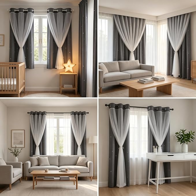 Kids Blackout Curtains for Bedroom/Living Room/Classroom, Sheer Overlay 72 Inches 2 Panel Set, Double Layer Curtains with Star Cutout for Kids Room(W 52 x L 72 Inches,Grey 2 Pcs)