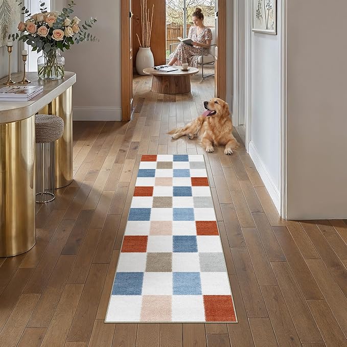 PureCozy Machine Washable 2x6 Runner Rug for Hallways Colorful Modern Soft Checkered Long Carpet Non-Slip Low Pile Indoor Accent Throw Rugs for Entrance Kitchen Bedroom Dining Laundry