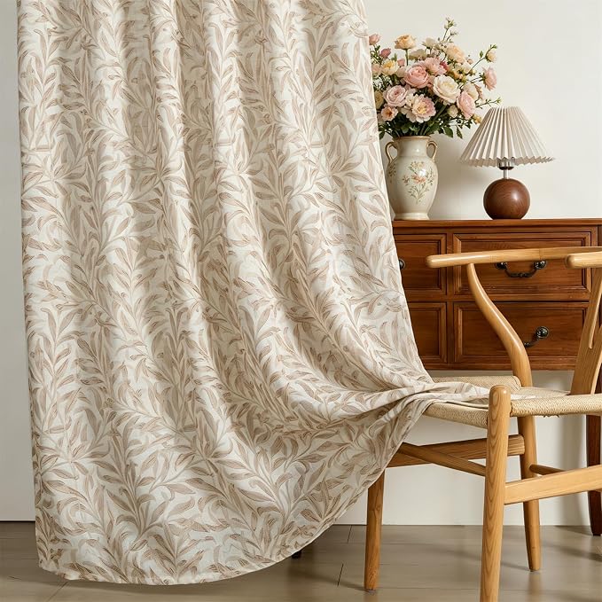 RoomTalks Boho Farmhouse Window Curtains 84 Inches Length 2 Panels Faux Linen Light Filtering, Cottagecore Rustic Country Vintage Cute Botanical Floral Curtain Panels for Bedroom Dining Living Room