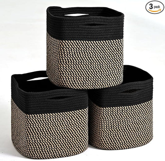 ICERZCZ 11 Inch Cube Storage Bins, Storage Cube Organizer Bins, Woven Cotton Rope Baskets for Storage, Storage Basket for Organizing Shelves, Square Baskets for Toys Nursery, Black & Jute (Pack of 3)
