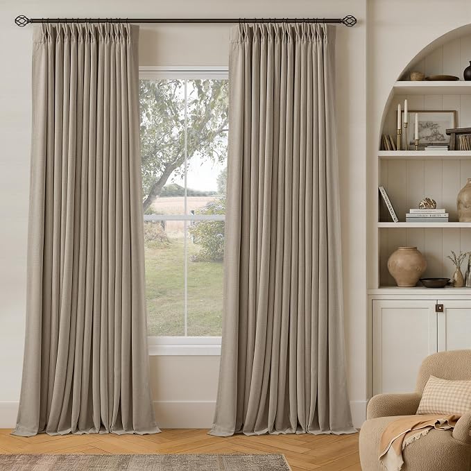 Deep Flax Greige Pinch Pleated 100% Blackout Linen Curtains 90 Inch Length 2 Panels Set Pinch Pleat Curtains Black Out Light Blocking Room Darkening Drapes with Liner for Bedroom Living Room Window