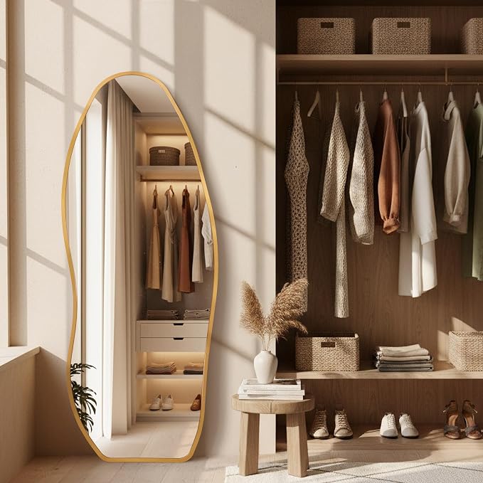 Dorlicecass Mirror Full Length - Irregular Full Body Mirror Standing or Leaning or Wall Hanging 63"x 24" Asymmetrical Aviation Aluminum Alloy Frame Unique for Bedroom, Living Room, Cloakroom, Entryway