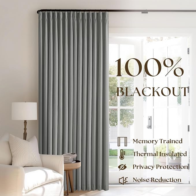 Grey 100% Blackout Pinch Pleated Linen Curtains Pinch Pleat Floor to Ceiling Curtains with Rings Hooks 120 Inches Long Thermal Insulated Window Drapes for Bedroom Living Room Track 2 Panels