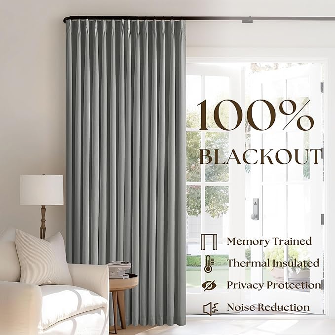 108 Inches Long Pinch Pleated Curtains Blackout for Bedroom Linen Pinch Pleat Curtains Rings Hooks Thermal Insulated Light Blocking Window Drapes Living Room Track 2 Panels Charcoal Stone Grey Gray