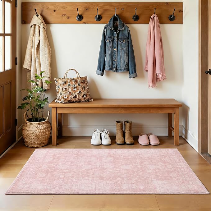 FROZZUR 3x5 Pink Washable Rug - Vintage Floral Low Pile Area Rug for Bedroom, Girls Room, Entryway - Soft Bedside Accent Carpet for Office or Kids Room