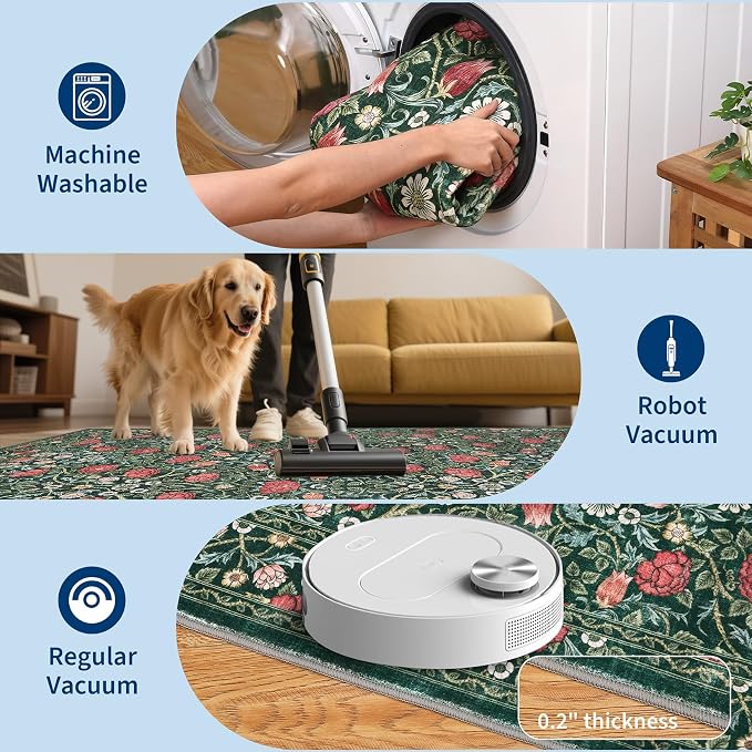 GarveeHome Green Vintage Floral Washable 6x9 Area Rugs for Living Room Boho Botanical Retro Rug Low Pile Stain Resistance Non Slip Carpet for Bedroom Nursery Dining Room