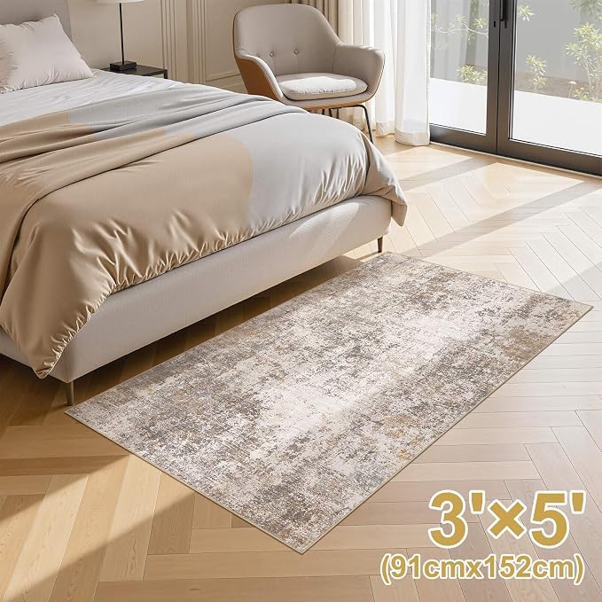 Area Rugs for Living Room: 3x5 Abstract Washable Rug Modern Neutral Large Soft Stain Resistant Non-Slip Backing Machine Table for Bedroom Dining Room Indoor Home Office Carpet - Brown Grey