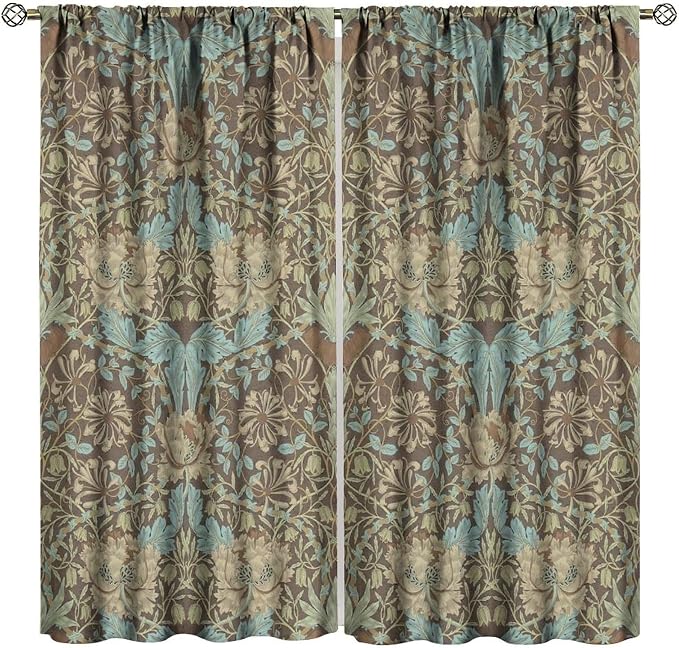 Retro Bohemian William Morris Plant Floral Blackout Curtains, Abstract Vintage Country Floral Leaf Pattern Window Drapes, for Living Room Bedroom 21(W)*54(L) 2 Panels
