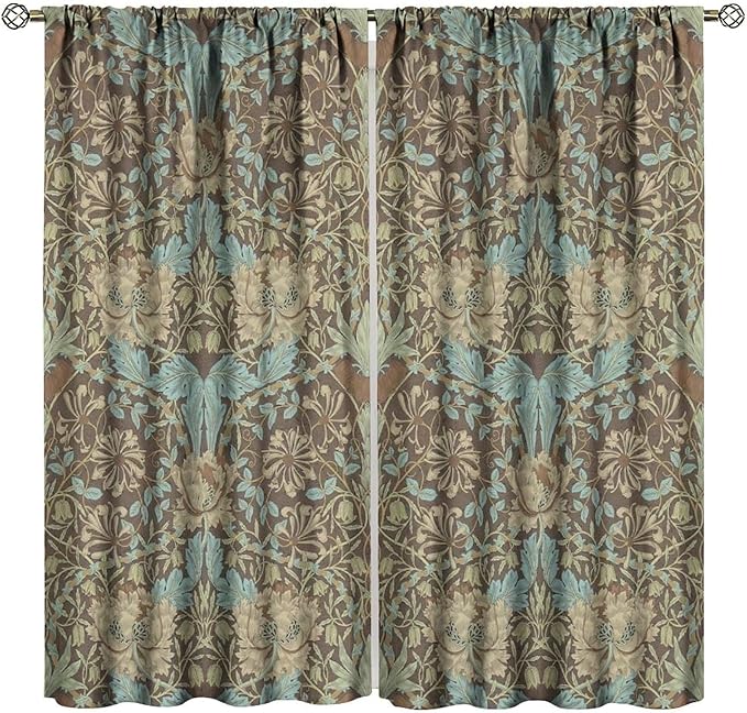 Retro Bohemian William Morris Plant Floral Blackout Curtains, Abstract Vintage Country Floral Leaf Pattern Window Drapes, for Living Room Bedroom 31.5(W)*63(L) 2 Panels