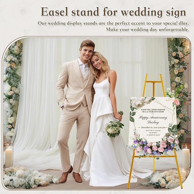 57.1" Tall Gold Easel Stand for Sign, Heavy Duty Folding Metal Easel for Wedding Welcome Sign, Decorative Easel for Mirror, Art, Photo, Adjustable Painting Display 4-Tier Height