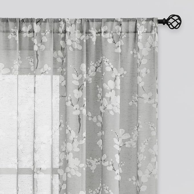 FMFUNCTEX Linen Sheer Curtains for Bedroom, Grey White Blossom Print Curtains 84 Inches Long for Living Room,Floral Patterned Farmhouse Curtain Light Filtering Window Drapes 2 Panels, Rod Pocket