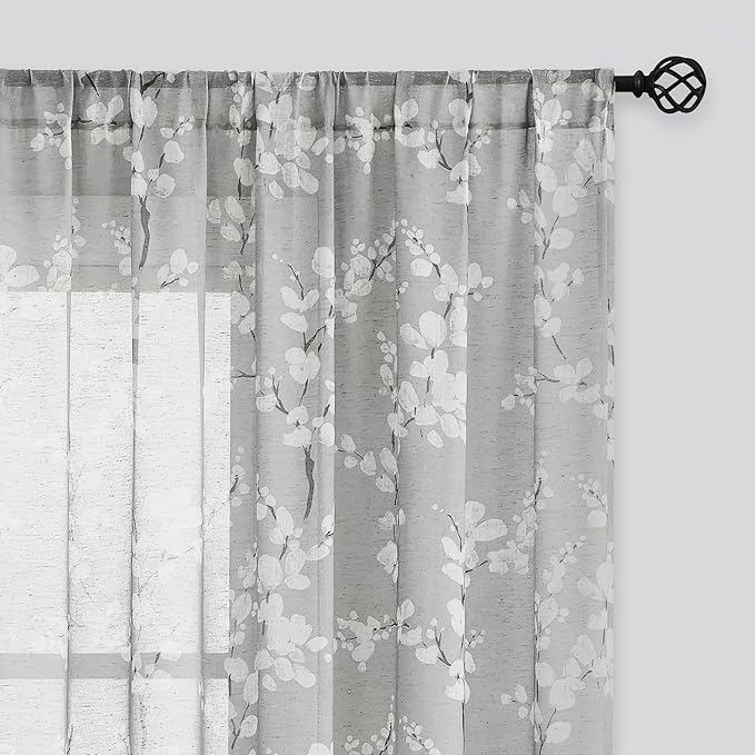 FMFUNCTEX Linen Sheer Curtains for Bedroom, Grey White Blossom Print Curtains 63 Inch Length for Living Room, Floral Patterned Farmhouse Curtain Light Filtering Window Drapes 2 Panels, Rod Pocket