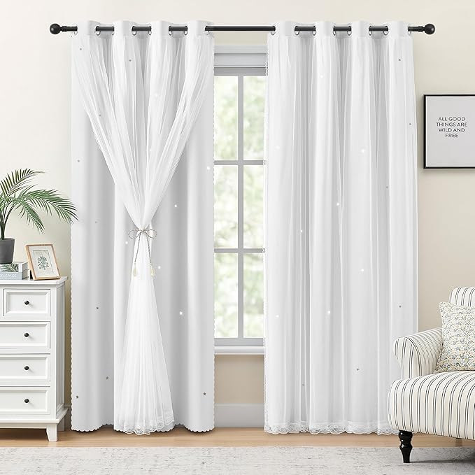 XiDi White Curtains for Bedroom, Girls Room Blackout Curtains, Kids Room Darkening Curtains Decor, 1 Panel SC White52/54/1 US
