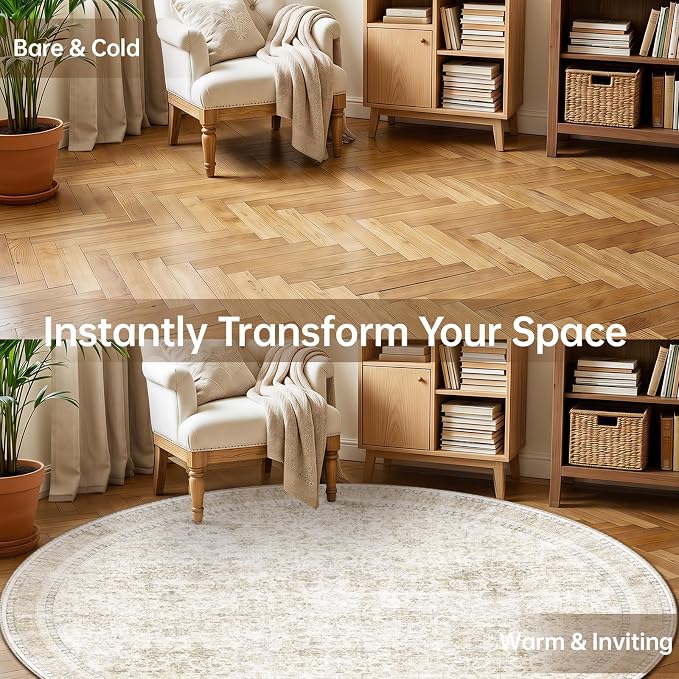 Sasttie Round Rugs 8ft, Ultra-Soft Washable Circle Rug, Low Pile Foldable Thin Carpets with Non-Slip Backing, Skin-Friendly Stain Resistant Carpet for Living Room, Bedroom, Kitchen, Dorm, 8ft, Beige