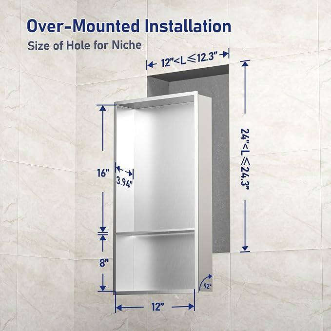 Stainless Steel Shower Niche 24" X 12" Brushed No Tile Needed Wall Niche with Double Shelves Recessed Shower Shelf for Bathroom Vertical Niches