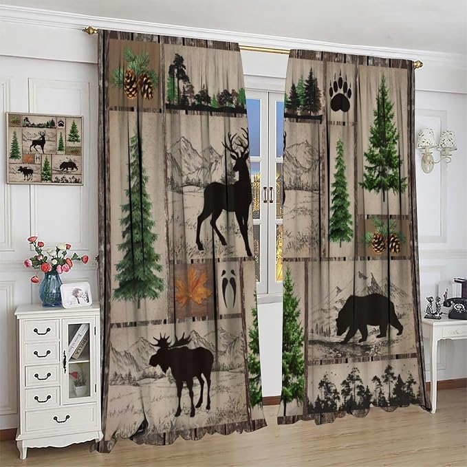 Vintage Bear Deer Blackout Curtains Country Farmhouse Wooden Door Forest Hunting Lodge Pine Cone Mountains Elk Black Bear Animals Windows Treatments Rod Pocket For Kitchen Living Room Bedroom 63x72in