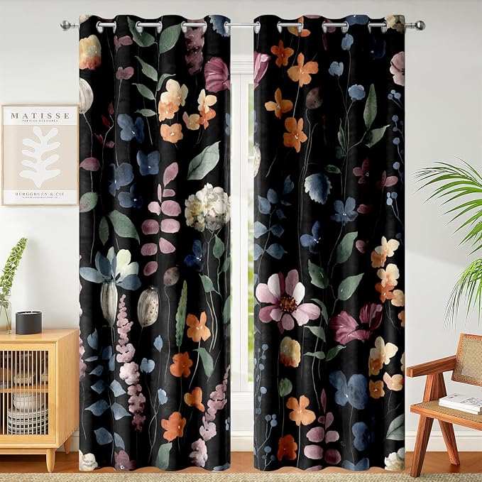 Boho Vintage Floral Blackout Curtains, Black Retro Watercolour Colorful Plant Leaf Flower Design Window Drapes, Living Room Bedroom Decor 2 Panels 52x84 Inch