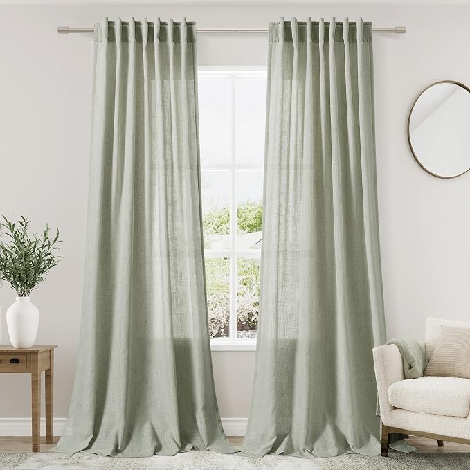 Sage Curtains 95 inches Long 2 panels for Living Room Back Tab Rod Pocket Semi Sheer Linen Draperies Muted Neutral Sage Green Room Decor Earth Tone Pale Green Curtains for Nursery Bedroom Office