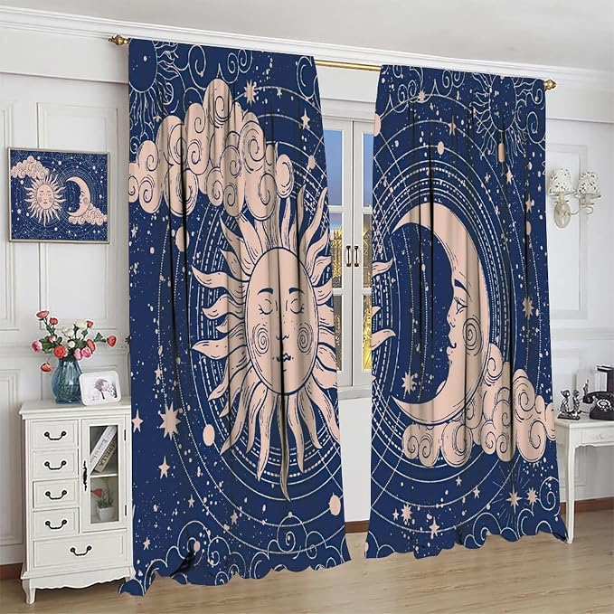 Sun Moon Blackout Windows Curtains, Boho Celestial Bodies Gold Sun Moon and Stars Pattern Window Drapes, for Living Room Bedroom 84x84in 2 Panels