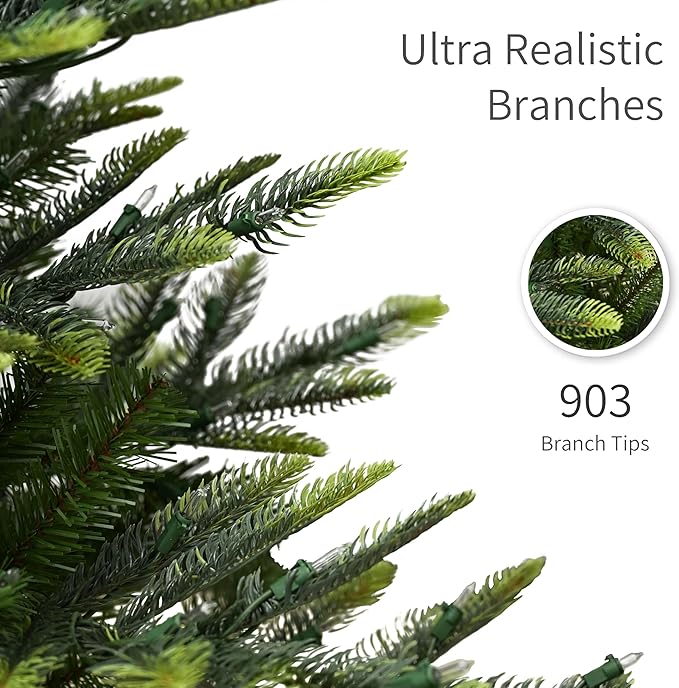 Puleo International 6.5ft Pre-Lit Aspen Fir Artificial Christmas Tree with 500 Clear Lights, 903 Realistic Dense Branch Tips, Easy Setup Artificial Trees with Sturdy Metal Stand
